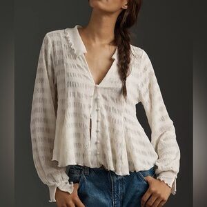 By Anthropologie Long-Sleeve Button-Front Textured Blouse